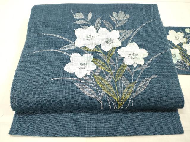 平和屋着物＊夏物 八寸名古屋帯 草花文 桔梗 銀糸 DAAW1938cm