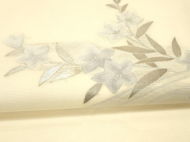 平和屋着物＊夏物 九寸開き名古屋帯 流水草花文 桔梗 銀糸 正絹 逸品 DAAW1946cm