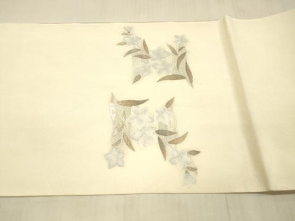 平和屋着物＊夏物 九寸開き名古屋帯 流水草花文 桔梗 銀糸 正絹 逸品 DAAW1946cm