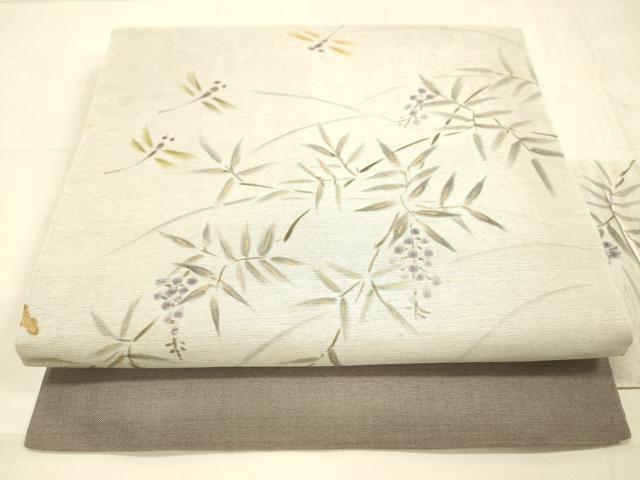 平和屋着物＊夏物 九寸名古屋帯 手描き 南天文 蜻蛉 トンボ 金糸 正絹 逸品 DAAW1950cm