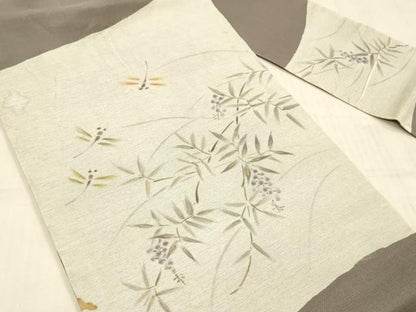 平和屋着物＊夏物 九寸名古屋帯 手描き 南天文 蜻蛉 トンボ 金糸 正絹 逸品 DAAW1950cm