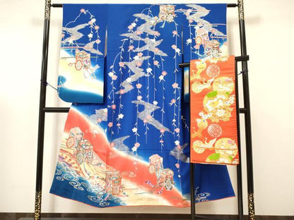 平和屋着物∵女の子　十三参り　子供　祝着・袋帯セット　片輪車　御所車花文　暈し染め　金銀彩　逸品　DAAW2712ma