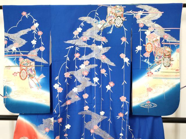 平和屋着物∵女の子　十三参り　子供　祝着・袋帯セット　片輪車　御所車花文　暈し染め　金銀彩　逸品　DAAW2712ma