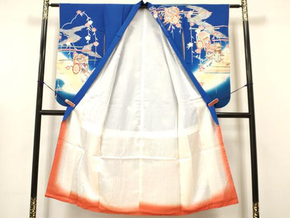 平和屋着物∵女の子　十三参り　子供　祝着・袋帯セット　片輪車　御所車花文　暈し染め　金銀彩　逸品　DAAW2712ma