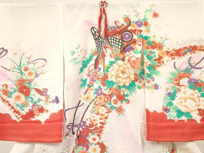 平和屋着物＊夏物　絽　お宮参り　女の子　祝着　産着　初着　のしめ　駒刺繍　御所車花文　金彩　逸品　DAAW2728ma