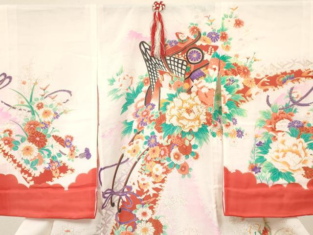 平和屋着物＊夏物　絽　お宮参り　女の子　祝着　産着　初着　のしめ　駒刺繍　御所車花文　金彩　逸品　DAAW2728ma