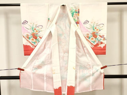 平和屋着物＊夏物　絽　お宮参り　女の子　祝着　産着　初着　のしめ　駒刺繍　御所車花文　金彩　逸品　DAAW2728ma