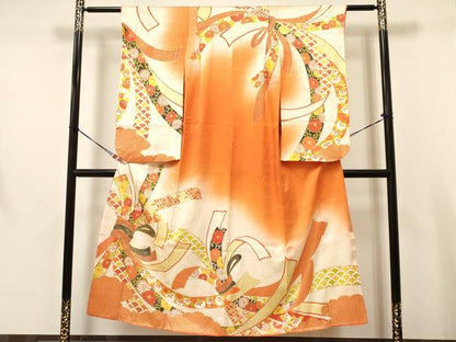 平和屋着物∵女の子　十三参り　子供　祝着・袋帯セット　駒刺繍　束ね熨斗花文　暈し染め　金彩　逸品　DAAW2772ma