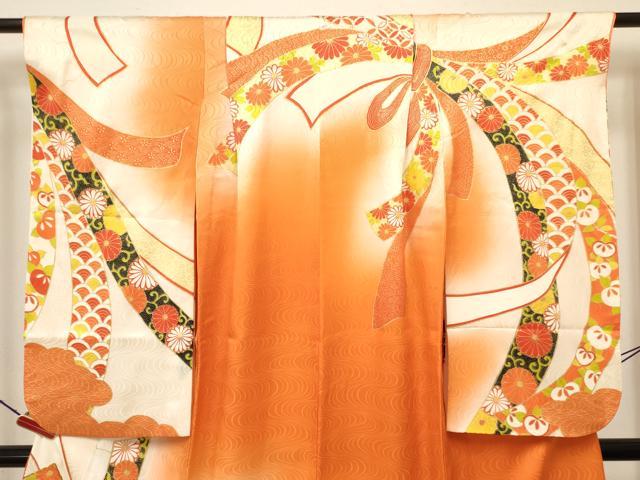 平和屋着物∵女の子　十三参り　子供　祝着・袋帯セット　駒刺繍　束ね熨斗花文　暈し染め　金彩　逸品　DAAW2772ma