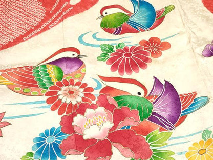 平和屋着物∵女の子　十三参り　子供　祝着　絞り　鴛鴦花文　金彩　逸品　DAAW2821ma
