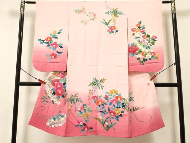 平和屋着物[]本加賀友禅作家　野村絵美　七五三　女の子　７歳　祝着　四つ身　手描き　椿花文　暈し染め　逸品　DAAY3353ma