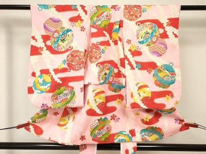 平和屋着物[]七五三　女の子　３歳　祝着　三つ身　長襦袢付き　鈴　飛鶴花文　金彩　逸品　DAAW2841ma