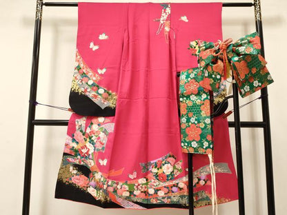 平和屋着物[]七五三　女の子　７歳　祝着　四つ身　つけ帯セット　束ね熨斗鴛鴦花蝶文　金彩　逸品　DAAW2845ma
