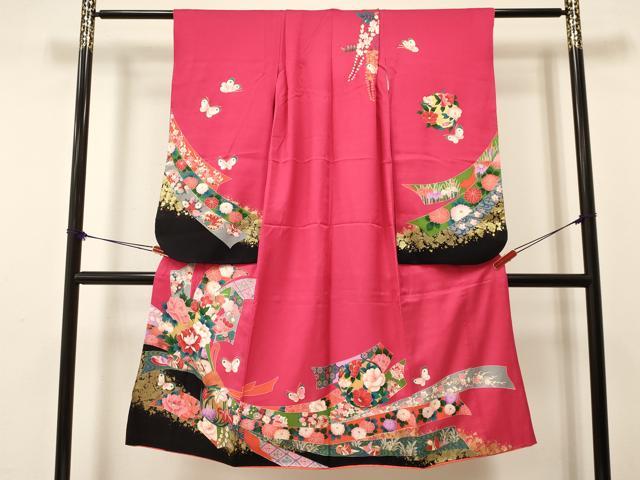 平和屋着物[]七五三　女の子　７歳　祝着　四つ身　つけ帯セット　束ね熨斗鴛鴦花蝶文　金彩　逸品　DAAW2845ma