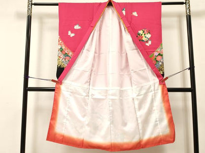 平和屋着物[]七五三　女の子　７歳　祝着　四つ身　つけ帯セット　束ね熨斗鴛鴦花蝶文　金彩　逸品　DAAW2845ma