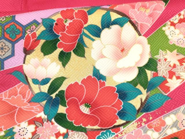 平和屋着物[]七五三　女の子　７歳　祝着　四つ身　つけ帯セット　束ね熨斗鴛鴦花蝶文　金彩　逸品　DAAW2845ma