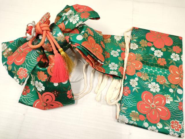 平和屋着物[]七五三　女の子　７歳　祝着　四つ身　つけ帯セット　束ね熨斗鴛鴦花蝶文　金彩　逸品　DAAW2845ma