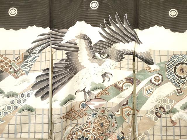 平和屋着物＊夏物 お宮参り 男の子 祝着 産着 初着 のしめ 絽 鷹 鷲 鏡裏花松文 銀彩 逸品 DAAW2920ma