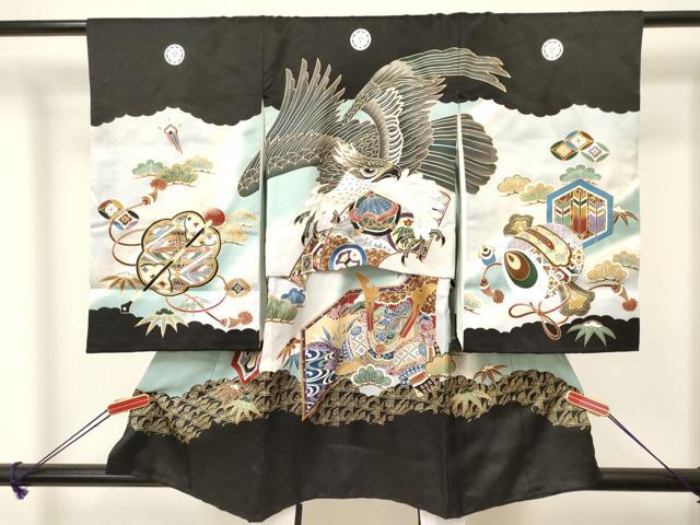 平和屋着物[]お宮参り　男の子　祝着　産着　初着　のしめ　鷹　鷲　龍　兜　松文　暈し染め　金彩　逸品　DAAW2925ma