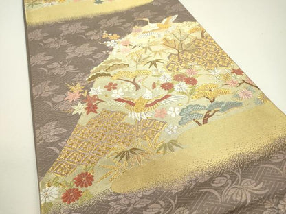 平和屋着物▼六通柄袋帯　唐織　飛鶴花松文　金銀糸　正絹　逸品　DAAW3316fe
