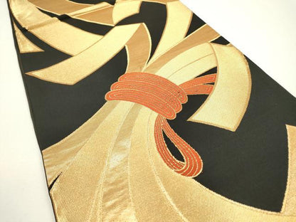 平和屋着物◎六通柄袋帯　束ね熨斗文　黒地　金糸　正絹　逸品　DAAW3527fe