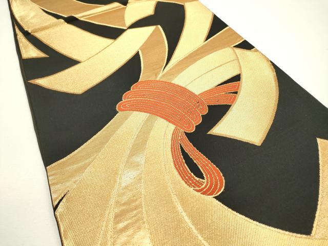 平和屋着物◎六通柄袋帯　束ね熨斗文　黒地　金糸　正絹　逸品　DAAW3527fe