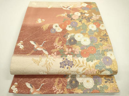 平和屋着物◎六通柄袋帯　唐織　飛鶴花文　金糸　正絹　逸品　DAAW3635