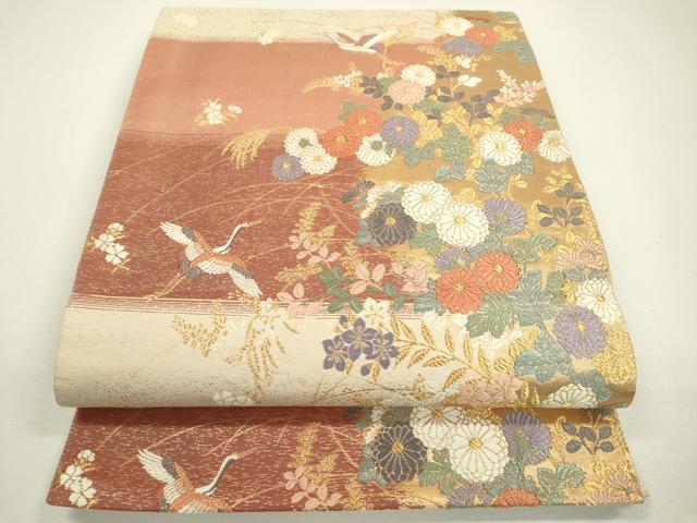平和屋着物◎六通柄袋帯　唐織　飛鶴花文　金糸　正絹　逸品　DAAW3635