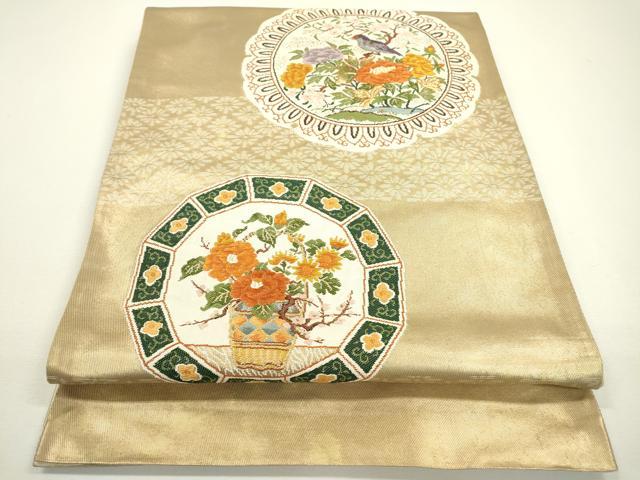 平和屋着物◎太鼓柄袋帯　唐織　花鳥絵皿文　金糸　正絹　逸品　DAAW3638fe