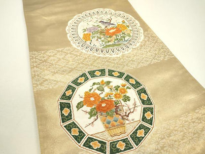 平和屋着物◎太鼓柄袋帯　唐織　花鳥絵皿文　金糸　正絹　逸品　DAAW3638fe