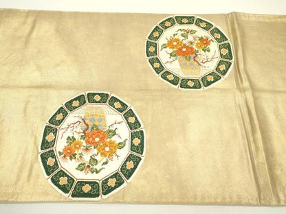 平和屋着物◎太鼓柄袋帯　唐織　花鳥絵皿文　金糸　正絹　逸品　DAAW3638fe