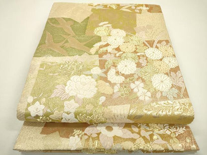 平和屋着物▼六通柄袋帯　唐織　色紙重ね飛鶴花文　金糸　正絹　逸品　DAAW3967fe