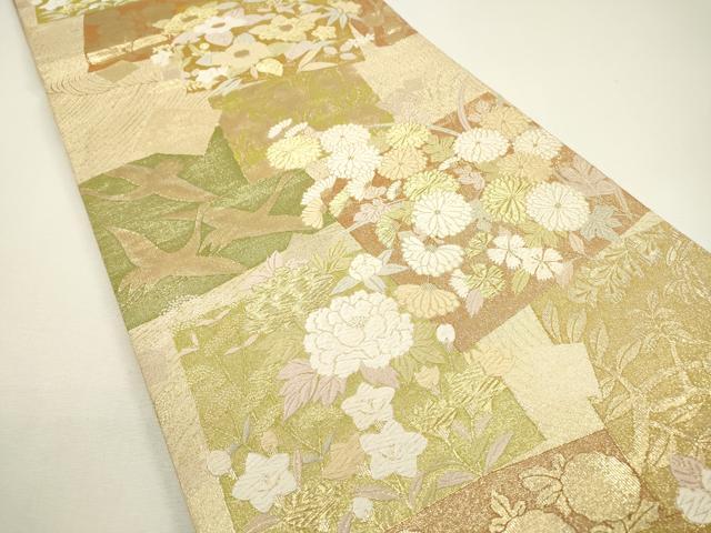平和屋着物▼六通柄袋帯　唐織　色紙重ね飛鶴花文　金糸　正絹　逸品　DAAW3967fe