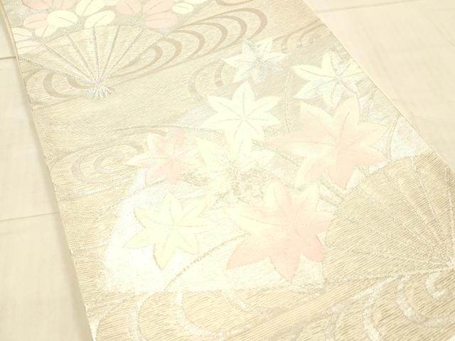 平和屋着物＊夏物　六通柄袋帯　流水扇面草葉文　銀糸　正絹　逸品　DAAW4099cm