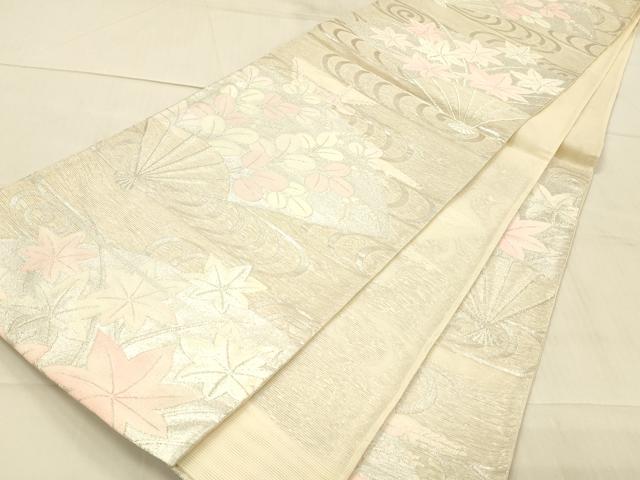 平和屋着物＊夏物　六通柄袋帯　流水扇面草葉文　銀糸　正絹　逸品　DAAW4099cm