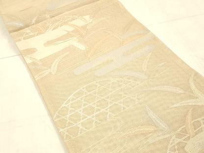 平和屋着物＊夏物　六通柄袋帯　流水籬草葉文　銀糸　正絹　逸品　DAAW4144cm