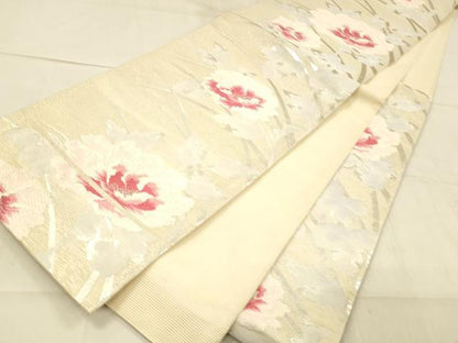 平和屋着物＊夏物　六通柄袋帯　唐織　草花文　銀糸　正絹　逸品　DAAW4168cm