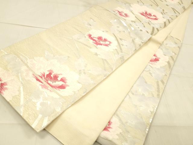 平和屋着物＊夏物　六通柄袋帯　唐織　草花文　銀糸　正絹　逸品　DAAW4168cm