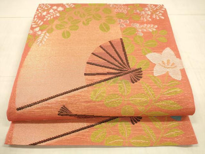 平和屋着物＊夏物 織物一筋名門 織悦 全通柄 本袋帯 舞扇草花文 金銀糸 正絹 逸品 DAAW4192cm