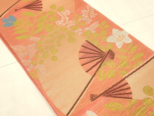 平和屋着物＊夏物 織物一筋名門 織悦 全通柄 本袋帯 舞扇草花文 金銀糸 正絹 逸品 DAAW4192cm