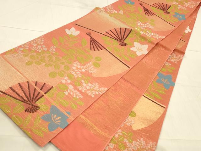 平和屋着物＊夏物 織物一筋名門 織悦 全通柄 本袋帯 舞扇草花文 金銀糸 正絹 逸品 DAAW4192cm