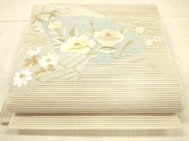 平和屋着物＊夏物 絽綴れ 八寸名古屋帯 刺繍 地紙草花文 金糸 正絹 逸品 DAAW4194cm