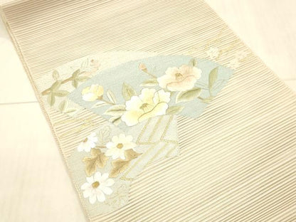平和屋着物＊夏物 絽綴れ 八寸名古屋帯 刺繍 地紙草花文 金糸 正絹 逸品 DAAW4194cm