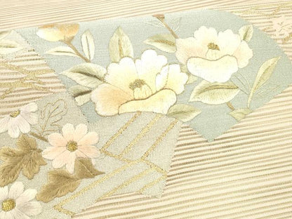 平和屋着物＊夏物 絽綴れ 八寸名古屋帯 刺繍 地紙草花文 金糸 正絹 逸品 DAAW4194cm