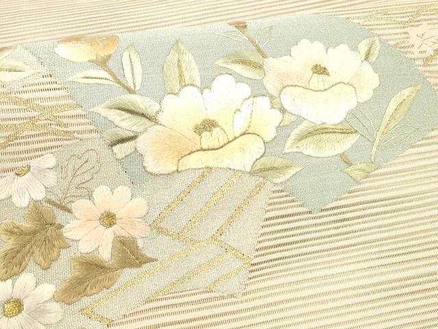 平和屋着物＊夏物 絽綴れ 八寸名古屋帯 刺繍 地紙草花文 金糸 正絹 逸品 DAAW4194cm