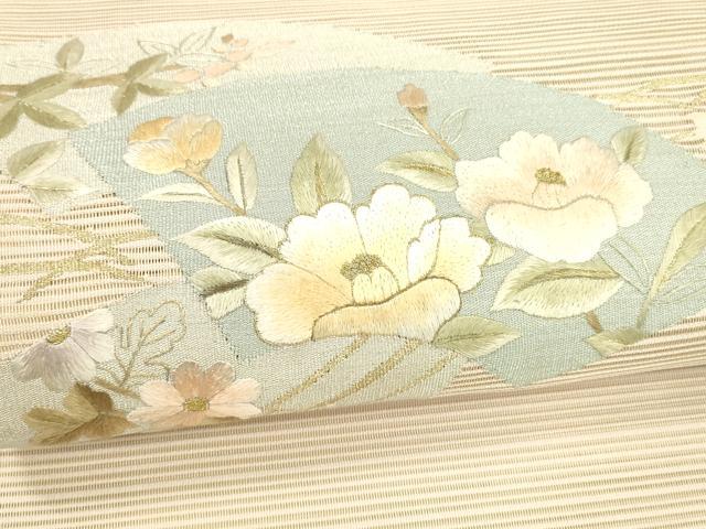 平和屋着物＊夏物 絽綴れ 八寸名古屋帯 刺繍 地紙草花文 金糸 正絹 逸品 DAAW4194cm
