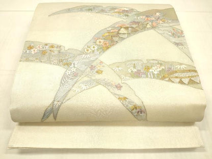 平和屋着物＊夏物 太鼓柄袋帯 刺繍 雪芝風景文 金糸 正絹 逸品 DAAW4202cm