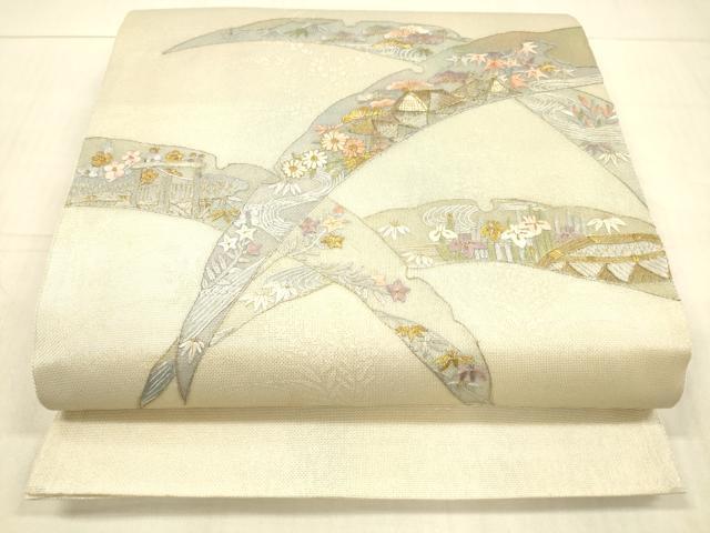 平和屋着物＊夏物 太鼓柄袋帯 刺繍 雪芝風景文 金糸 正絹 逸品 DAAW4202cm