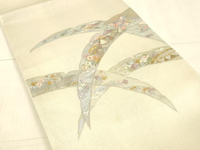 平和屋着物＊夏物 太鼓柄袋帯 刺繍 雪芝風景文 金糸 正絹 逸品 DAAW4202cm