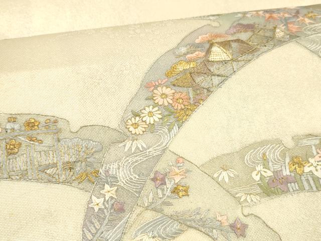 平和屋着物＊夏物 太鼓柄袋帯 刺繍 雪芝風景文 金糸 正絹 逸品 DAAW4202cm